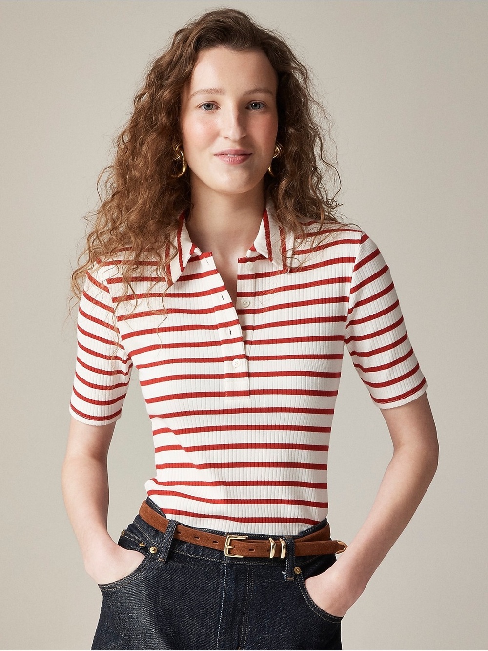 J. Crew | Red & White Striped Ribbed Polo Tee